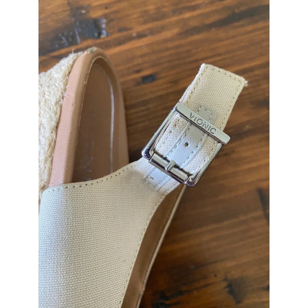 Vionic Coralina Canvas Espadrille Wedge Sandals Cream Tan 10W Wide